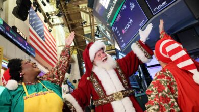 Macy's Santa Claus appears on the floor of the New York Stock Exchange on Wednesday.