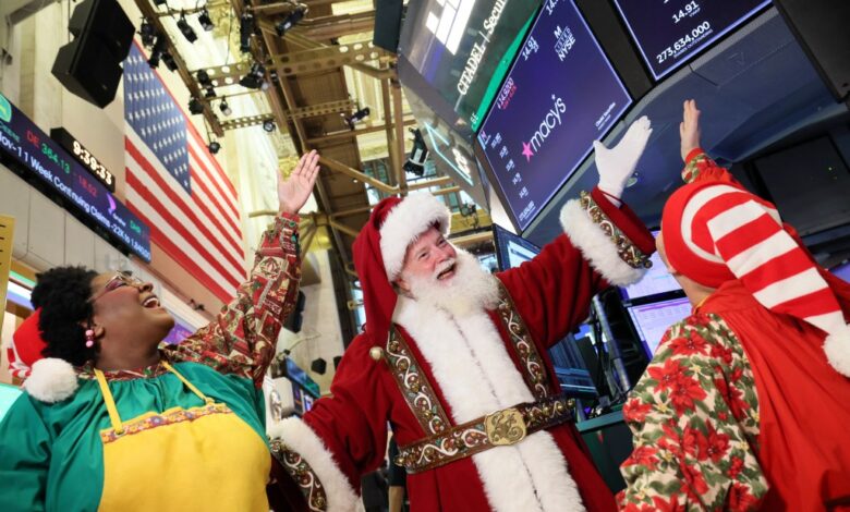 Macy's Santa Claus appears on the floor of the New York Stock Exchange on Wednesday.