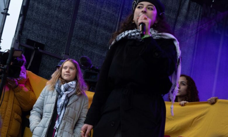 Greta Thunberg gave the floor to Palestinian activist Sara Rachdan at a climate change protest in Amsterdam on November 12, 2023.