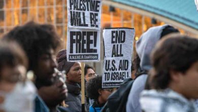 People chant and hold signs at a rally to support Palestine at MIT (Massachusetts Institute of Technology) in Cambridge, Massachusetts on October 19, 2023