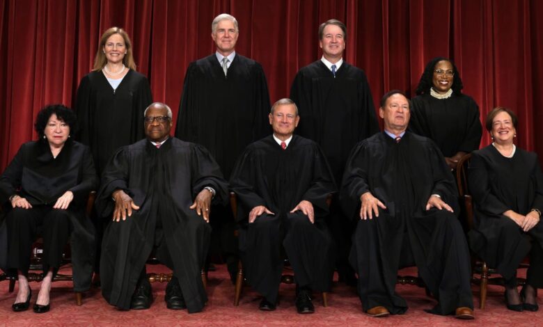 United States Supreme Court (front row, left to right), Associate Justice Sonia Sotomayor, Associate Justice Clarence Thomas, Chief Justice John Roberts, Associate Justice Samuel Alito, and Associate Justice Elena Kagan, (back row, left), Associate Justice Amy Coney Barrett, Associate Justice Neil Gorsuch, Associate Justice Brett Kavanaugh, and Associate Justice Ketanji Brown Jackson pose for their official portrait