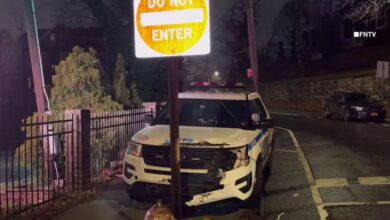 A police car collided with a street sign.