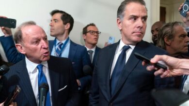 Hunter Biden and his attorney Abbe Lowell, talk to reporters as they leave a House Oversight Committee hearing on Jan. 10, 2024.