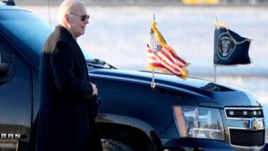 President Joe Biden arrives at Delaware Air National Guard Base in New Castle, Del., Sunday, Jan. 21, 2024, for a helicopter ride to Rehoboth Beach, Del. (AP Photo/Mark Schiefelbein)