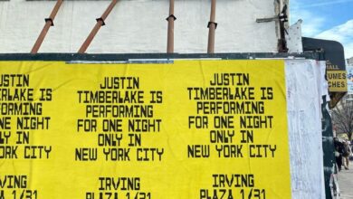 An advertisement showing that Justin Timberlake will be performing a free show in New York City.