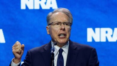 FILE PHOTO: NRA Executive Vice President and CEO Wayne LaPierre speaks at the National Rifle Association (NRA) annual convention in Indianapolis, Indiana, U.S., April 14, 2023. REUTERS/Evelyn Hockstein/File Photo