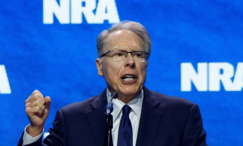 FILE PHOTO: NRA Executive Vice President and CEO Wayne LaPierre speaks at the National Rifle Association (NRA) annual convention in Indianapolis, Indiana, U.S., April 14, 2023. REUTERS/Evelyn Hockstein/File Photo