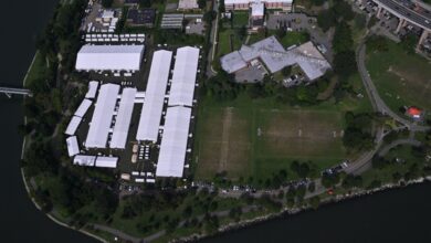 Aerial view of migrant facility set up on Randall's Island