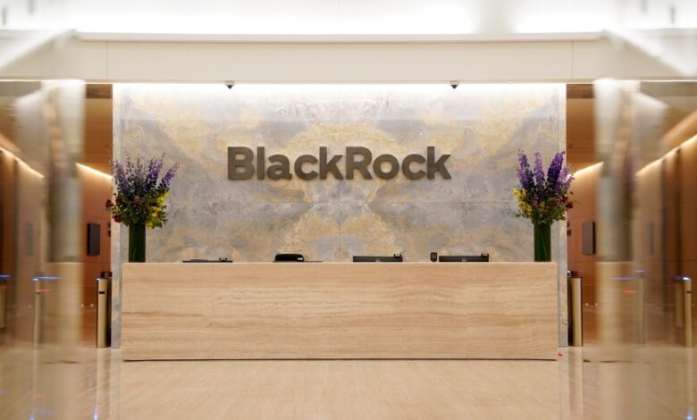 BlackRock sign at night at the BlackRock Headquarters located at 50 Hudson Yards in New York.