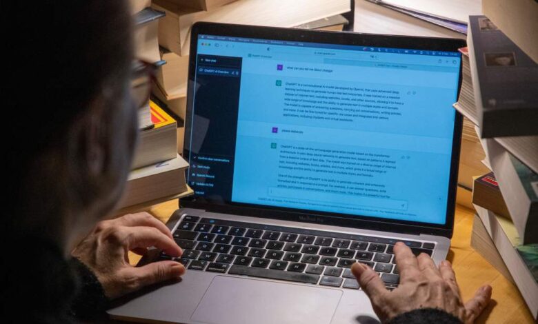 Illustration of ChatGPT AI software generating human-like conversation on a laptop.