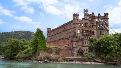 Bannerman's Castle ruins on Pollepel Island seen from the Hudson River in New York State.