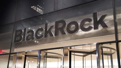 BlackRock sign at the BlackRock Headquarters in New York City seen at night.