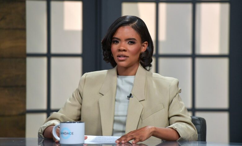 Candace Owens sitting at a table on the set of her talk show 'Candace' in Nashville, Tennessee on April 19, 2022