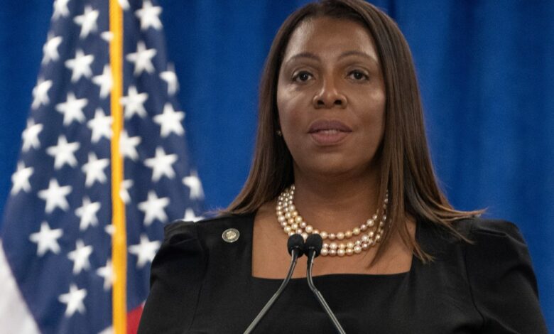 New York Attorney General Letitia James standing in front of a microphone during a press conference in Manhattan, New York City, USA