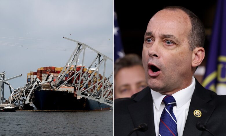 A split image of Baltimore's Francis Scott Key Bridge destroyed on the left, and House Freedom Caucus Chairman Bob Good on the right