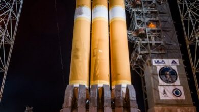 The Mobile Service Tower (MST) rolls back from the United Launch Alliance (ULA) Delta IV Heavy rocket carrying the NROL-70 mission for the National Reconnaissance Office (NRO) in preparation for launch from Space Launch Complex-37 at Cape Canaveral Space Force Station, Florida on April 9, 2024.