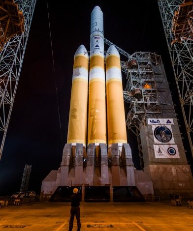 The Mobile Service Tower (MST) rolls back from the United Launch Alliance (ULA) Delta IV Heavy rocket carrying the NROL-70 mission for the National Reconnaissance Office (NRO) in preparation for launch from Space Launch Complex-37 at Cape Canaveral Space Force Station, Florida on April 9, 2024.
