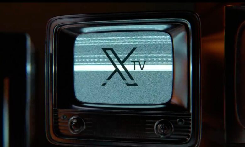 Elon Musk presenting X TV logo on a television screen as part of a social media post