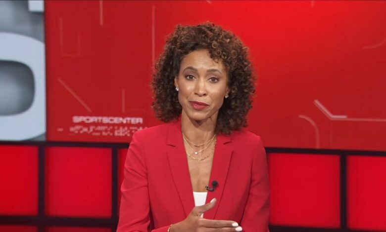 Sage Steele, former ESPN host, in a red suit discussing her structured interview with President Joe Biden