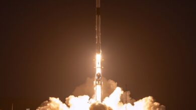 Falcon 9 rocket launching at night from pad 4E of Vandenberg Space Force Base