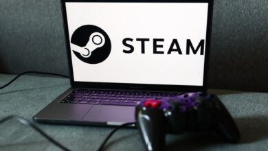 Steam logo displayed on a laptop screen