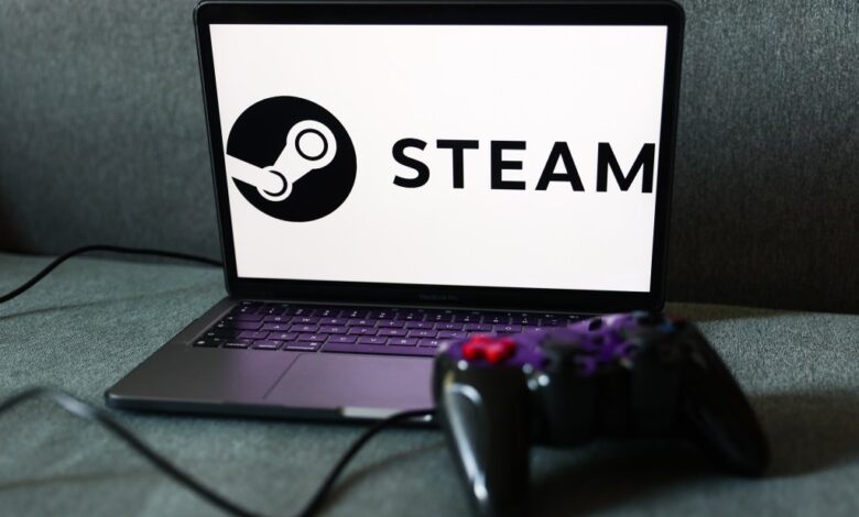 Steam logo displayed on a laptop screen