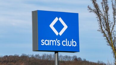 A sign for Sam's Club at the entrance of the members-only retail warehouse store at the Lycoming Mall in Muncy, Pennsylvania