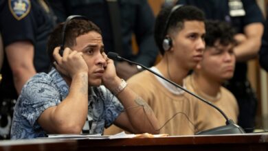 Yohenry Brito, Darwin Gomez, Wilson Juarez in Manhattan Criminal Court on May 14, 2024 for a hearing after allegedly attacking a police officer in Times Square in January.