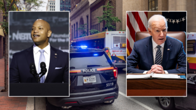 Split image of Biden, Moore over Baltimore crime scene