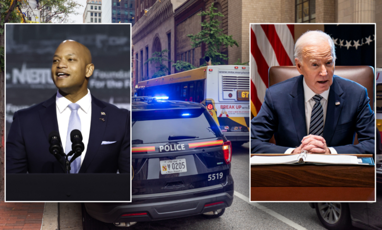 Split image of Biden, Moore over Baltimore crime scene