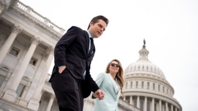 Rep. Matt Gaetz (R-FL) and his wife Ginger Luckey walk down the steps of the House of Representatives on Capitol Hill following a vote on April 19 in Washington, DC.