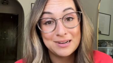 Emily Wehner wearing glasses expressing her opinion in a viral video about Mother's Day controversy