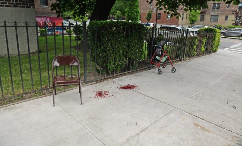 An innocent 84-year-old woman was shot while sitting in her walker on a Brooklyn street corner Monday evening.