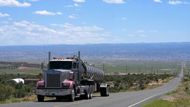 A tanker truck transports crude oil on a highway near Duchesne, Utah on July 13, 2023