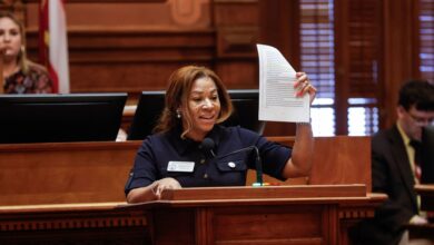 Rep. Mesha Mainor, R-Atlanta, speaks in favor of Senate Bill 233 at the Georgia State Capitol on Thursday, March 14, 2024