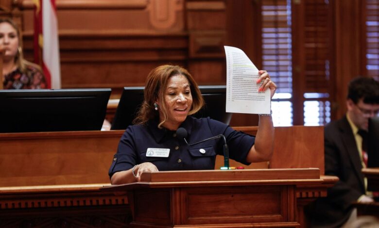 Rep. Mesha Mainor, R-Atlanta, speaks in favor of Senate Bill 233 at the Georgia State Capitol on Thursday, March 14, 2024