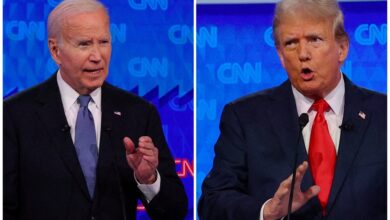 Thursday's debate between President Joe Biden (left) and former President Donald Trump (right) impacted the stock price of Trump Media and Technology Group.