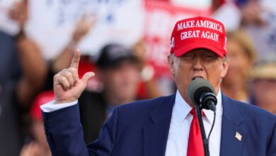 Former U.S. President and Republican presidential candidate Donald Trump speaks during his campaign event, in Racine, Wisconsin.