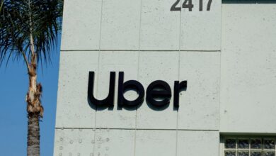 The Uber logo is shown on the building in Los Angeles, California, U.S., February 14, 2024.