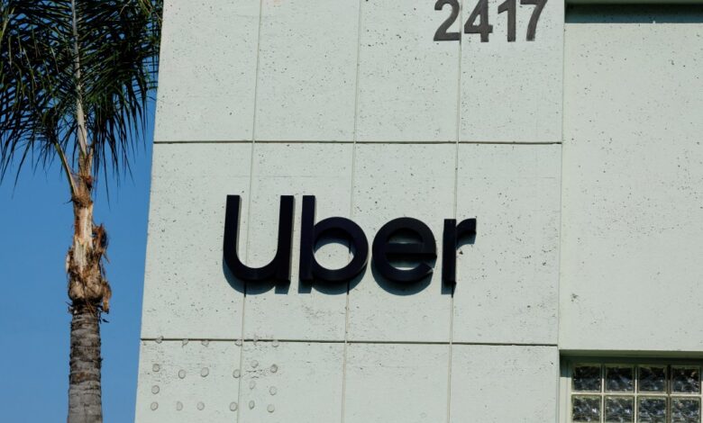 The Uber logo is shown on the building in Los Angeles, California, U.S., February 14, 2024.