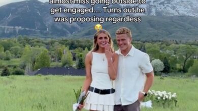 Carson Peterson proposing to his girlfriend Rebecca Gordon in a flower-filled field, despite her request to cancel due to a spoiled surprise