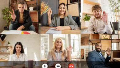 Team working by group video call share ideas brainstorming use video conference. PC screen view with young people, application ad. Easy and comfortable usage concept, business, online, finance.