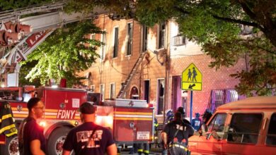 Nine people were injured when a blaze erupted on the first floor of the building on Evergreen Ave in Bushwick just before 3 a.m., the FDNY said.