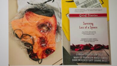 A placard displays photographs of evidence, a bloody pig mask and a book titled 'Surviving the Loss of a Spouse.'