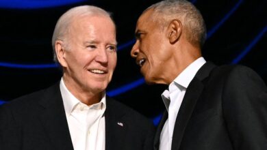 US President Joe Biden and former President Barack Obama in conversation at a campaign fundraiser at the Peacock Theater in Los Angeles, June 15, 2024