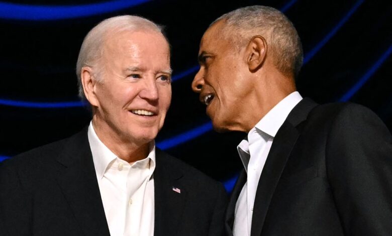 US President Joe Biden and former President Barack Obama in conversation at a campaign fundraiser at the Peacock Theater in Los Angeles, June 15, 2024