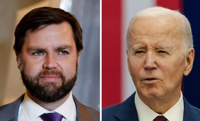 Vice presidential candidate Sen. JD Vance (L) and President Joe Biden (R)