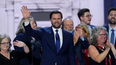 Republican vice presidential candidate Sen. JD Vance, R-Ohio, waves to supporters while on stage with supporters during the Republican National Convention on July 17, 2024.