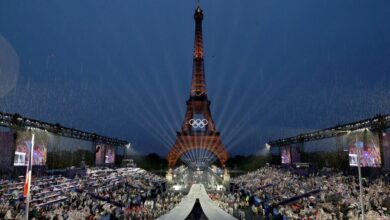 General view of Eiffel Tower and Place Du Trocadero filled with a large crowd during the opening ceremony of the Olympic Games Paris 2024