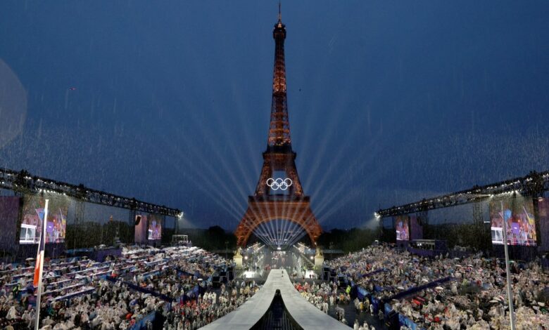 General view of Eiffel Tower and Place Du Trocadero filled with a large crowd during the opening ceremony of the Olympic Games Paris 2024